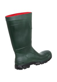 Green rubber boot with a textured finish, red lining at the top, and a black rugged sole designed for traction on various surfaces.