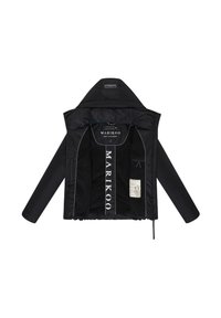 Black outerwear jacket with a zip closure, hood, and contrasting white stitching. Features interior labels and a smooth, textured fabric.
