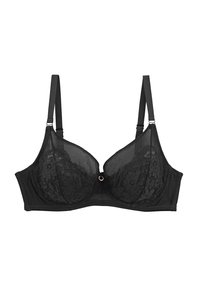 Soutien-gorge en dentelle noire avec des bonnets transparents arborant des motifs floraux, soutien-gorge à armatures, bretelles réglables et un détail décoratif en anneau central.