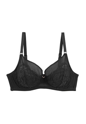 Soutien-gorge en dentelle noire avec des bonnets transparents arborant des motifs floraux, soutien-gorge à armatures, bretelles réglables et un détail décoratif en anneau central.