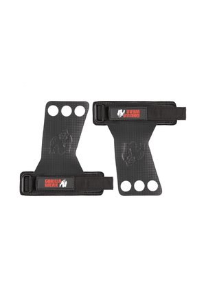 Paire de gants de préhension noirs Gorilla Wear avec trois trous pour les doigts et sangles de poignet réglables pour la musculation ou l'entraînement fitness.