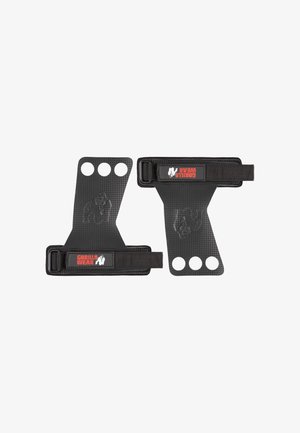 Paar zwarte Gorilla Wear grip handschoenen met drie vingergaten en verstelbare polsbanden voor gewichtheffen of fitness training.