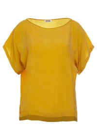 Blusa gialla a maniche corte con vestibilità ampia, scollo rotondo e tessuto leggero e trasparente. Presenta una leggera lucentezza e spalle scese.