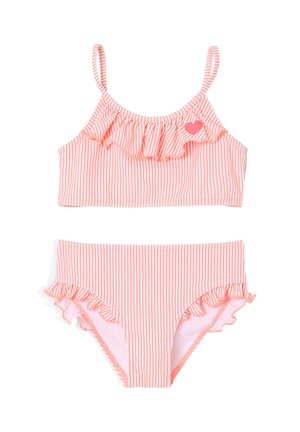 Pink and white vertical striped two-piece swimsuit with ruffles on top and bottom, featuring a small pink heart on the top.