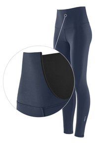 Tummansininen korkeavyötäröinen legginsit, joissa on sileä rakenne. Sisävyötäröllä musta paneeli ja ompeluyksityiskohtia.