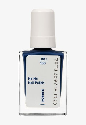 Flaska med mörkblå nagellack med vit kork, märkt "No No Nail Polish" och volym 11 mL / 0,37 FL.OZ.