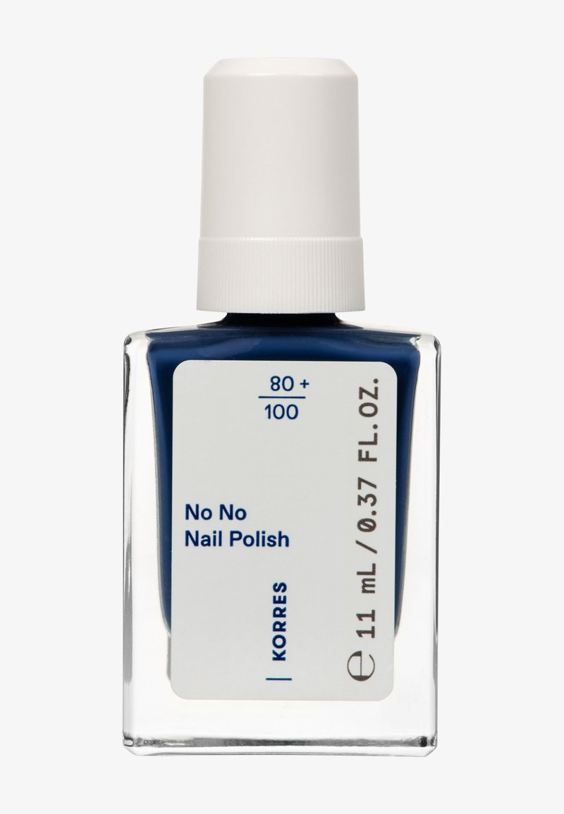 Flacon de vernis à ongles bleu foncé avec un capuchon blanc, étiqueté "No No Nail Polish" et d'un volume de 11 mL / 0,37 FL.OZ.