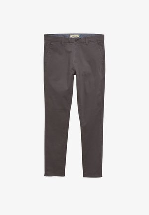Moške temno sive chinos hlače iz mešanice bombaža. Imajo standardni pas, zanke za pas in sprednje žepe. Gladek tekstura in ozek kroj.