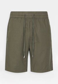 Olive green shorts made from lightweight fabric, featuring an elastic waistband with a drawstring and silver-tone metal tips.