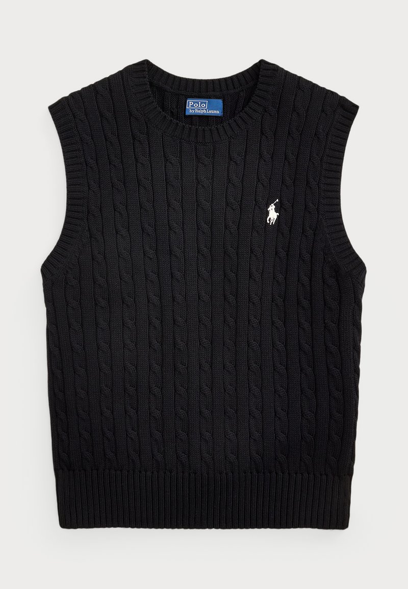 Pulover negru fără mâneci, tricotat, cu un model din cable, margine ribbed și un mic logo alb brodat în față.
