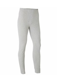 Gray thermal leggings made of soft fabric, featuring a tapered design, elastic waistband, and a functional front placket.