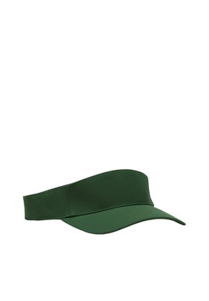 Donkergroene stoffen zonneklep met brede hoofdband en gebogen rand op een witte achtergrond.