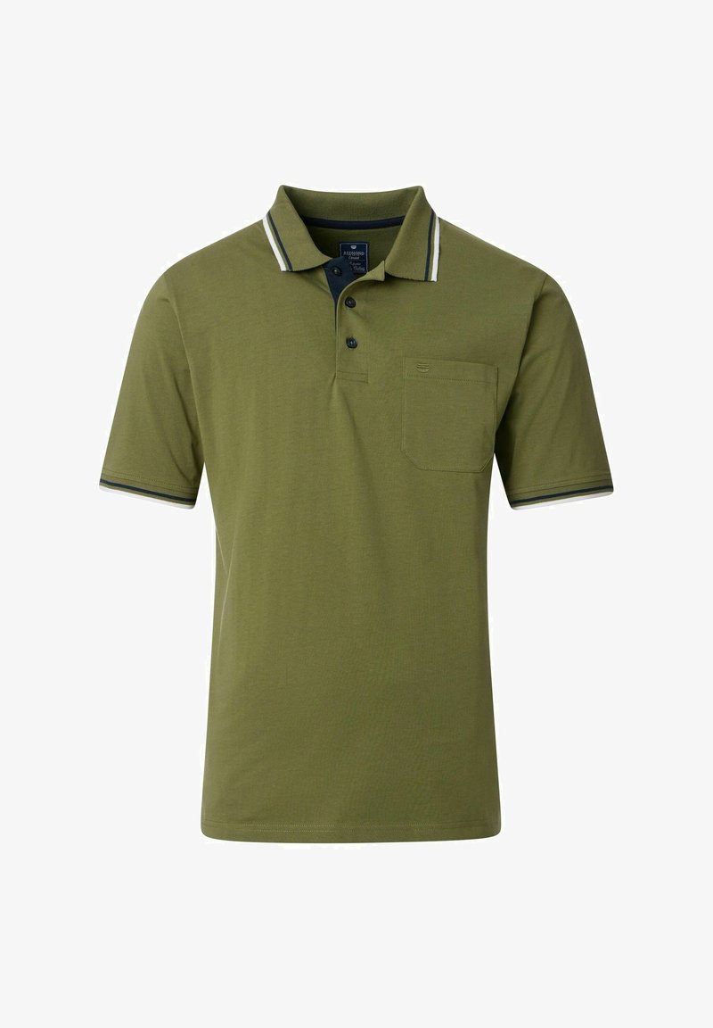 Oliwkowa koszulka polo z bawełny, z kontrastowym paskowanym kołnierzykiem, zapięciem na trzy guziki i kieszonką na piersi.