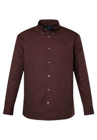 Camicia a maniche lunghe bordeaux con colletto, tessuto testurizzato, taschino singolo sul petto e bottoni bianchi lungo la parte anteriore.