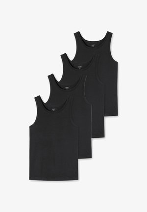 Quattro canottiere nere in cotone, con scollatura rotonda e spalline larghe, dal design semplice e senza pattern o dettagli visibili.