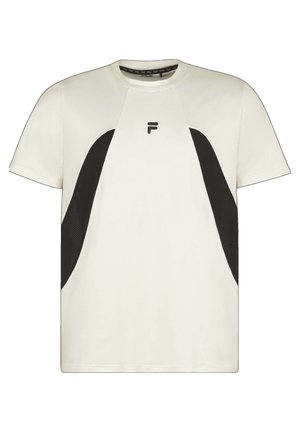 T-shirt blanc à manches courtes avec col rond, panneaux courbés noirs sur les côtés et petit logo noir "F" au centre de la poitrine.