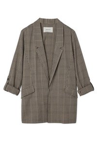 Veste à carreaux en tissu noir et beige ; elle présente une coupe ample, un col châle, des manches retroussées et deux poches avant.