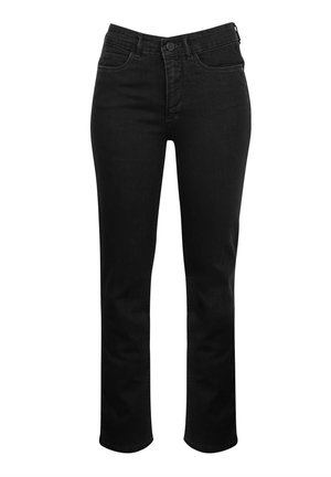 Black denim jeans featuring a straight-leg design, five-pocket style, and a classic button closure. Smooth texture with subtle stitching details.