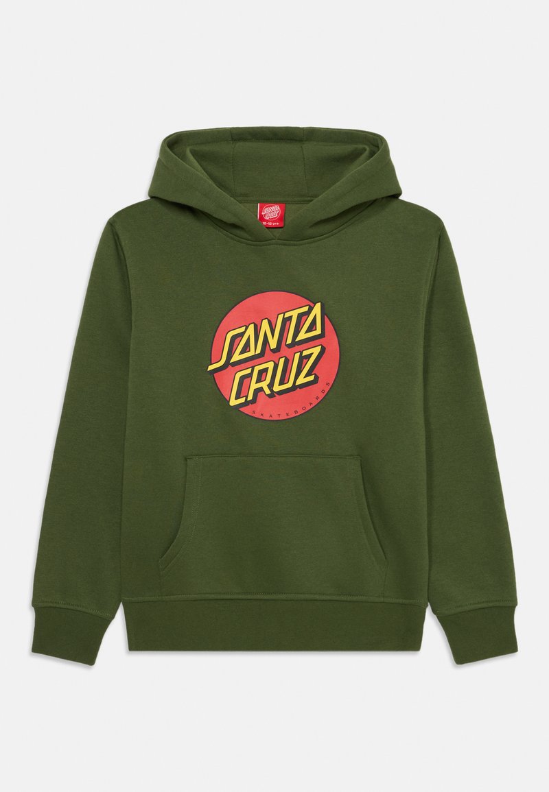 Sweatshirt verde com um bolso frontal, apresentando um logótipo circular vermelho com "SANTA CRUZ" em letras amarelas e pretas, feito de um tecido macio.