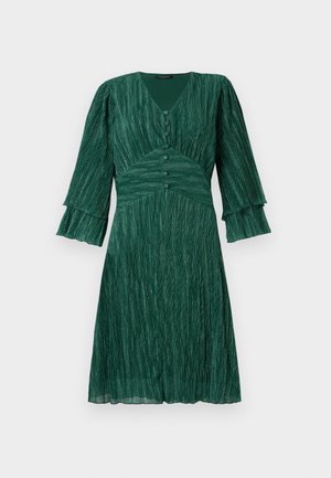 Green pleated dress with a V-neck, three-button closure, and flared sleeves. Made of a textured material, it has a fitted waist and flowing skirt.