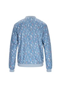 Blauwe bomberjack met een patroon van herhalende zeilboten en figuren, voorzien van ribbelmanchetten en -zoom. Gemaakt van zachte, gestructureerde stof.