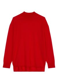 Czerwony sweter dziany z wysokim kołnierzem, opuszczonymi ramionami i ściągaczami. Miękka tekstura i luźny krój, z lekko poszerzanym dołem.