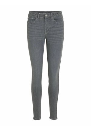 Jeans ajustados grises de denim, con una cintura alta, diseño de cinco bolsillos y un cierre de botón clásico con costuras sutiles.