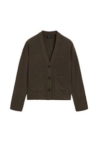 Bruine gebreide cardigan met V-hals, lange mouwen, vier knopen en twee voorzakken. Kenmerkt zich door ribstructuur en een cropped ontwerp.