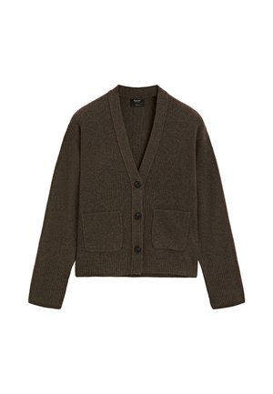 Brun strikket cardigan med V-hals, lange ærmer, fire knapper og to forlommer. Har ribbet tekstur og cropped design.