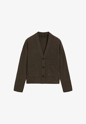Brun strikket cardigan med V-hals, lange ærmer, fire knapper og to forlommer. Har ribbet tekstur og cropped design.
