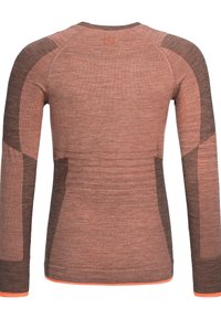 Long-sleeve thermal top in brown and rust, featuring a textured knit, with raglan sleeves and contrasting orange accents at the cuffs and hem.