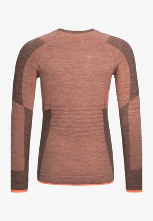 Long-sleeve thermal top in brown and rust, featuring a textured knit, with raglan sleeves and contrasting orange accents at the cuffs and hem.