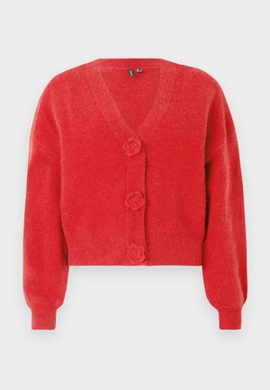 Roter Cardigan mit V-Ausschnitt, drei dekorativen, blumenförmigen Knöpfen und gerippten Bündchen. Hergestellt aus weichem, strukturiertem Stoff. Kurz geschnittene Passform.