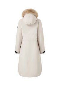 Cappotto beige chiaro con cappuccio foderato in pelliccia, maniche lunghe e dettagli neri sui polsini. Texture liscia, design di lunghezza al ginocchio e dettagli minimal.