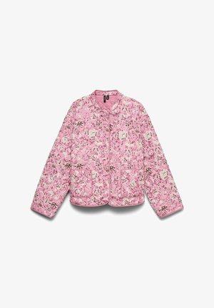 Veste matelassée rose avec motifs floraux, deux poches frontales, col rond et manches longues, posée à plat sur un fond blanc.