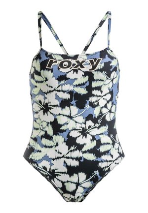 Bañador de una pieza con estampado floral en negro, azul y verde, con tirantes finos y el nombre de la marca "Roxy" en letras grandes en la parte frontal.