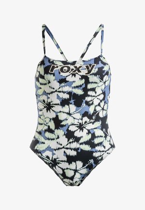 Bañador de una pieza con estampado floral en negro, azul y verde, con tirantes finos y el nombre de la marca "Roxy" en letras grandes en la parte frontal.