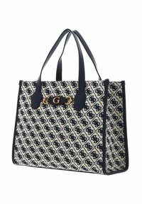 Torba typu tote w kolorze granatowym i kremowym, wykonana z włókniny, z podwójnymi uchwytami oraz złotym logo G na granatowym pasku.