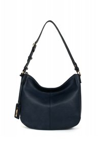 Navy leather shoulder bag with a curved shape, adjustable strap, and gold-tone hardware. Smooth texture with a minimalist design.