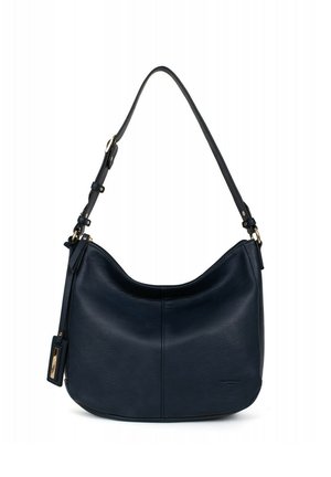 Navy leather shoulder bag with a curved shape, adjustable strap, and gold-tone hardware. Smooth texture with a minimalist design.