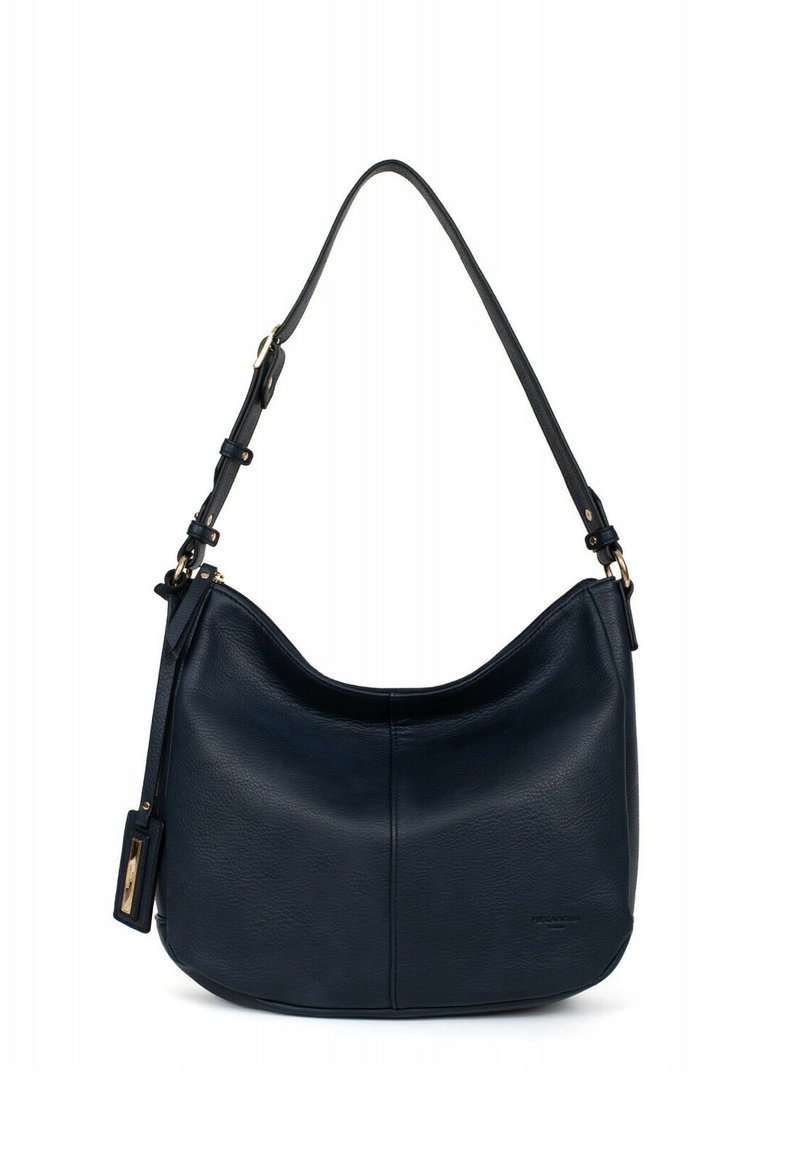 Navy leather shoulder bag with a curved shape, adjustable strap, and gold-tone hardware. Smooth texture with a minimalist design.