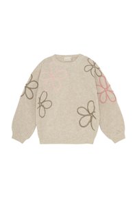 Beige gebreide trui met ballonmouwen en grote bloempatronen in roze en groen. Klassieke ronde halslijn, zachte textuur.