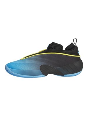 Low-top athletic shoe with a blue gradient toe, black midsection, yellow stripe along the upper edge, and light blue sole.