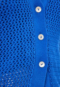 Modrý pletený cardigan s krajkovým vzorem a jednobarevnými texturovanými sekcemi, zapnutý kulatými bílými knoflíky vpředu.
