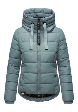 Light blue puffer jacket with a high collar, full zipper, and adjustable drawstrings. Features horizontal stitching and side pockets.