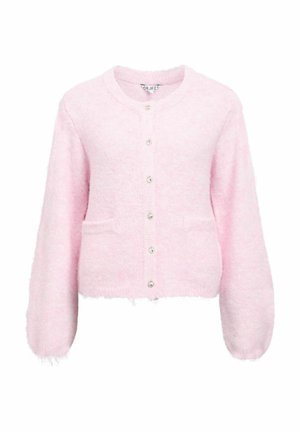 Roosa, pehme villane kardigan ümmarguse kaelusega, pikkade varrukatega, ees olevate taskutega ja kuue sobiva nupuga keskel. Lühike pikkus.