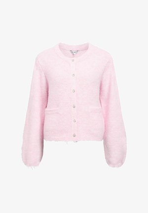 Rosa, flauschige Cardigan mit rundem Ausschnitt, langen Ärmeln, vorderen Taschen und sechs passenden Knöpfen in der Mitte. Verkürzte Länge.
