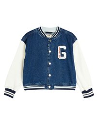 Jeansjacka med vita ärmar, ribbade muddar och nederkant. Har en broderad "G"-logotyp och texten "Golf Challenge" på bröstet.