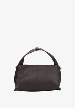 Hnědá kožená kabelka s texturovaným povrchem, vybavená jedním horním uchem a zlatými kovovými detaily. Zipové uzavření po straně.