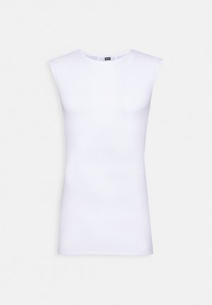 White sleeveless top made of smooth fabric, featuring a round neckline and a fitted silhouette. No visible patterns or accents.